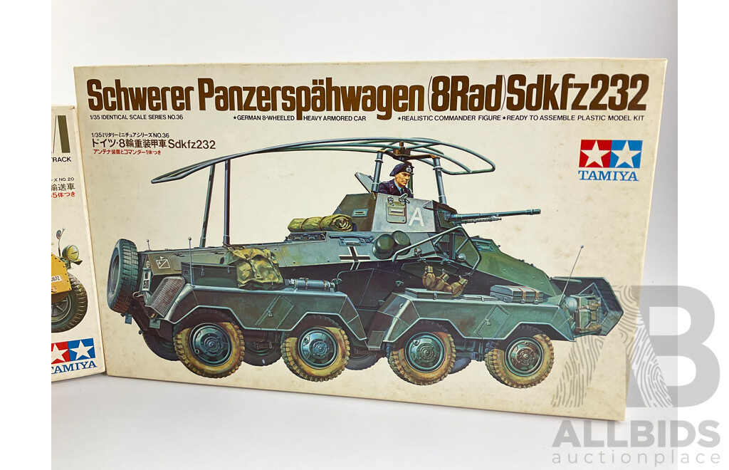 Vintage Tamiya Model Schwerer Panzerspahwagen SD KFZ 232 and German Hanomag SD KFZ 251/1 Both 1:35 Scale