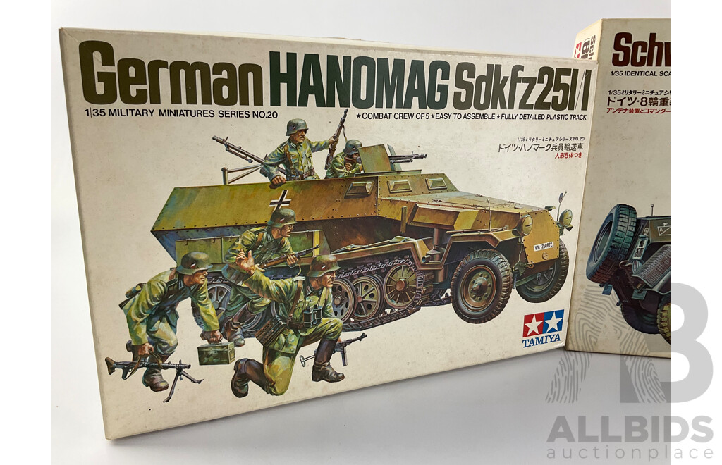 Vintage Tamiya Model Schwerer Panzerspahwagen SD KFZ 232 and German Hanomag SD KFZ 251/1 Both 1:35 Scale