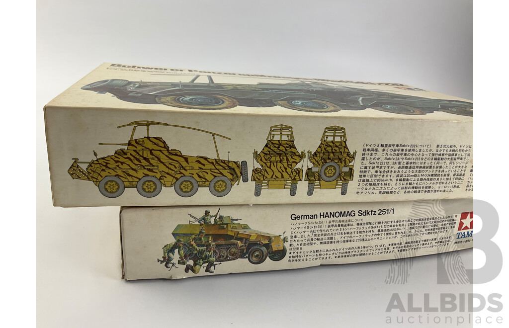 Vintage Tamiya Model Schwerer Panzerspahwagen SD KFZ 232 and German Hanomag SD KFZ 251/1 Both 1:35 Scale