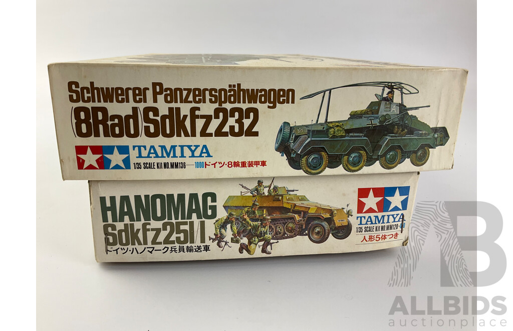 Vintage Tamiya Model Schwerer Panzerspahwagen SD KFZ 232 and German Hanomag SD KFZ 251/1 Both 1:35 Scale