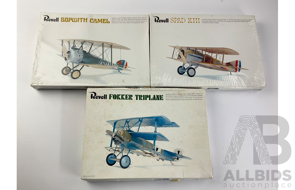 Vintage Revell Model Bi-Planes Including Spad XIII, Fokker Triplane, Sopwith Camel