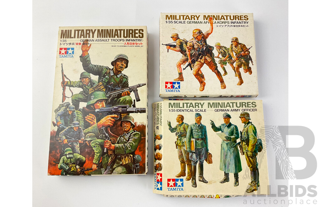 Three Vintage Tamiya Military Miniatures Including German Army Officer, Africa Infantry and Assault Troops- 1:35 Scale