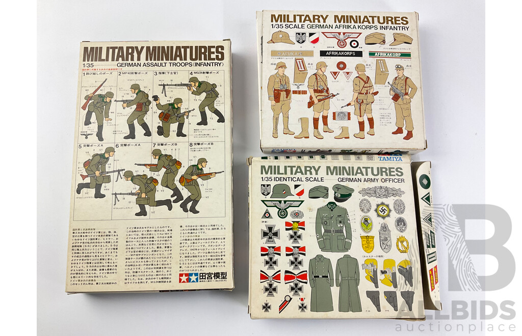 Three Vintage Tamiya Military Miniatures Including German Army Officer, Africa Infantry and Assault Troops- 1:35 Scale