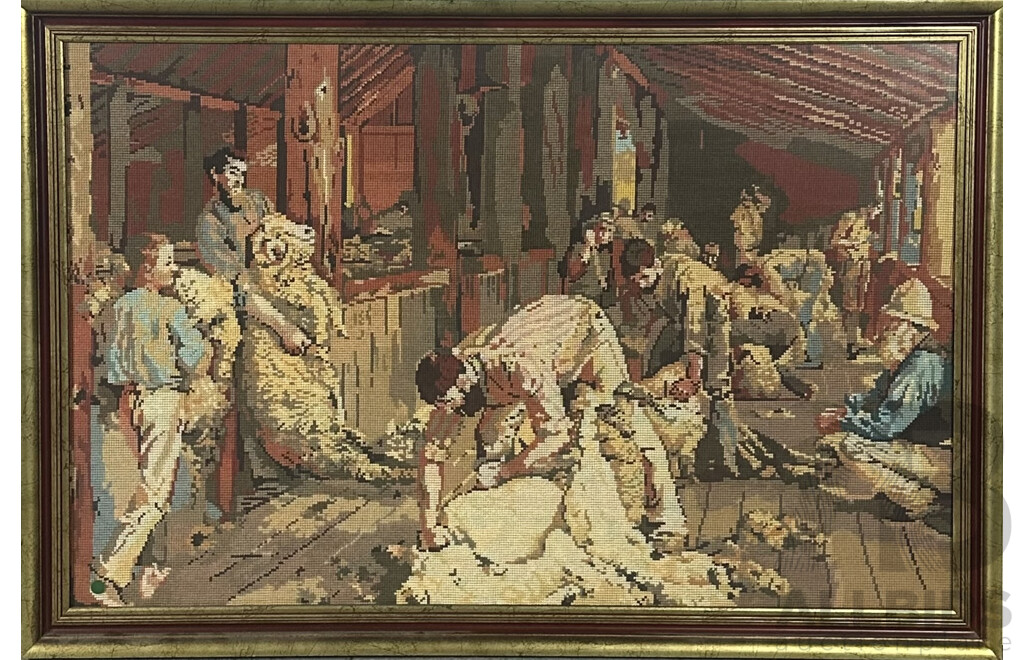 Pair of Framed Vintage Needle Point Cross Stitches Featuring Shearing the Rams, From Original 1890 Painting by Tom Roberts and the Weaver, 66 X 97 Cm (largest) (2)