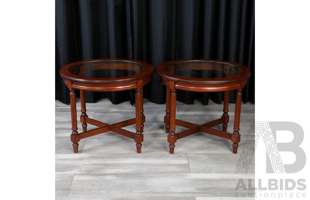 Pair of Antique Style Wood Side Tables with Glass Top