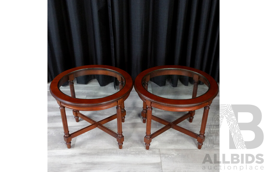 Pair of Antique Style Wood Side Tables with Glass Top