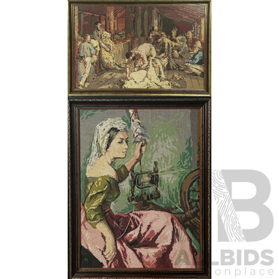 Pair of Framed Vintage Needle Point Cross Stitches Featuring Shearing the Rams, From Original 1890 Painting by Tom Roberts and the Weaver, 66 X 97 Cm (largest) (2)