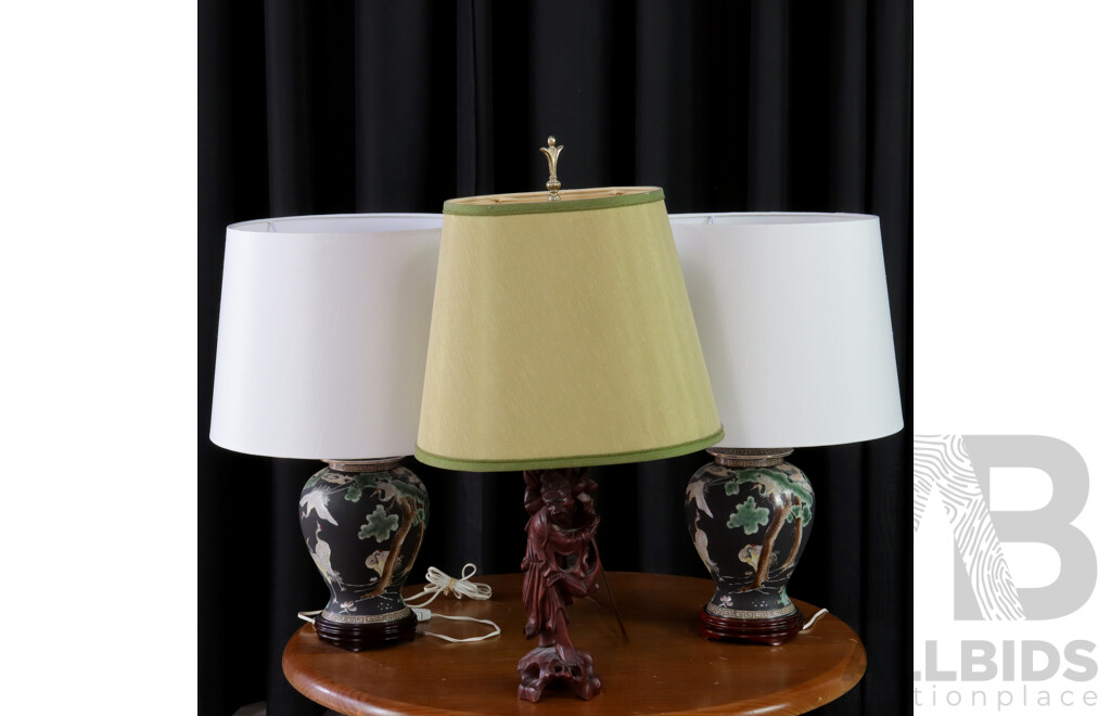 Pair of Black Chinese Ceramic Table Lamps and Treen Example