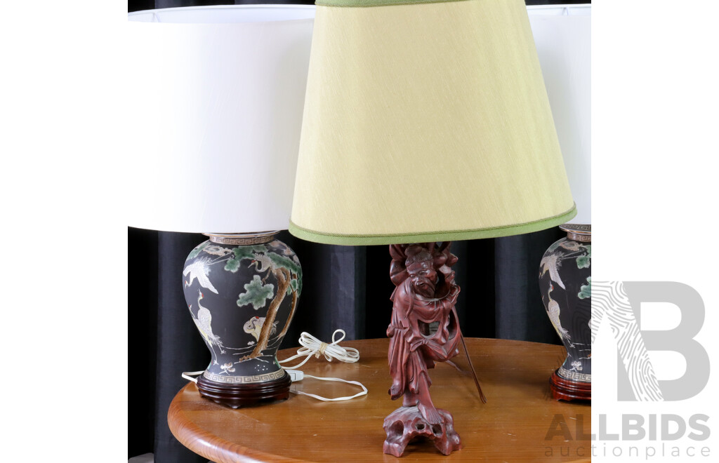 Pair of Black Chinese Ceramic Table Lamps and Treen Example