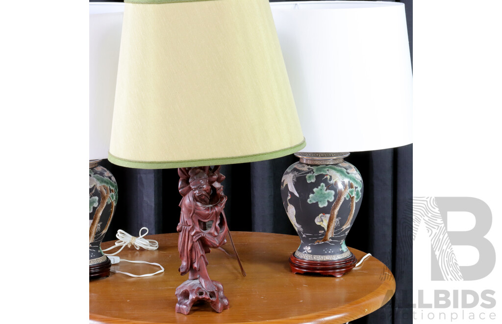 Pair of Black Chinese Ceramic Table Lamps and Treen Example