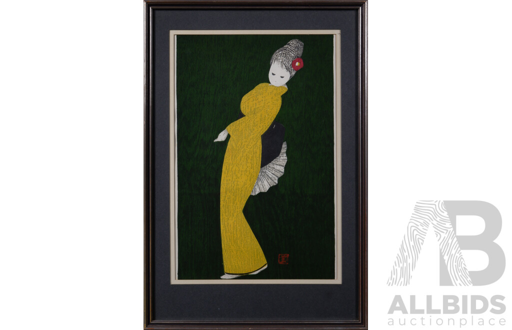 Kaoru Kawano, (Mid-20th Century, Japanese - Showa Period, 1916-1965), Dancer in Yellow Kimono, Vintage Coloured Woodblock Print, 47 x 32 cm (frame)