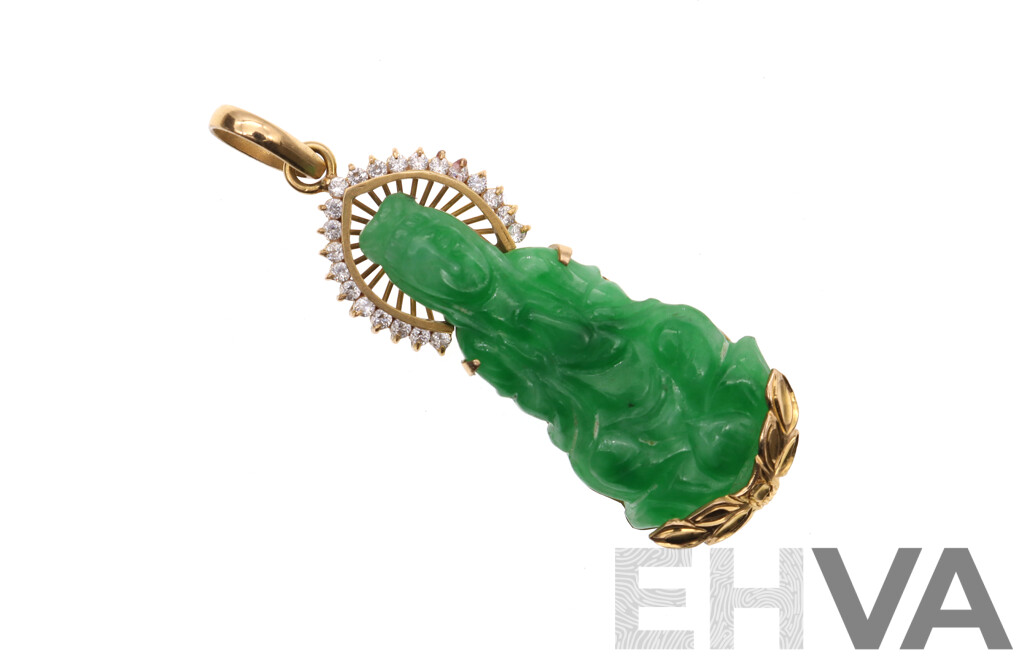 9ct Carved Jadite Jade & White Topaz Buddha Pendant, 40mm X 15mm, 7.77 Grams