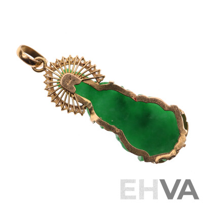 9ct Carved Jadite Jade & White Topaz Buddha Pendant, 40mm X 15mm, 7.77 Grams