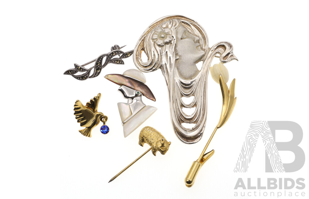 Collection of (7) Vintage Brooches, Including Sterling Silver Art Nouveau Style Brooch, 925 27.68 Grasms