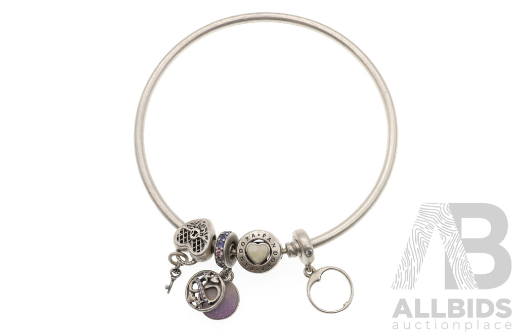 Pandora Sterling Silver 'you Are So Loved' Bangle with (3) Authentic Pandora Charms, 67mm Diameter, 19 Grams