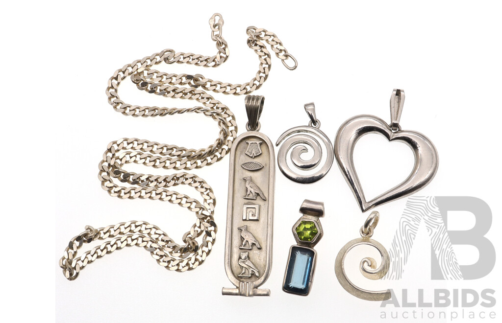 Collection of (5) Sterling Silver Pendants Including Egyptian Cartouche and Flat Curb Link Chain, 50cm Missing Clasp, 32.19 Grams