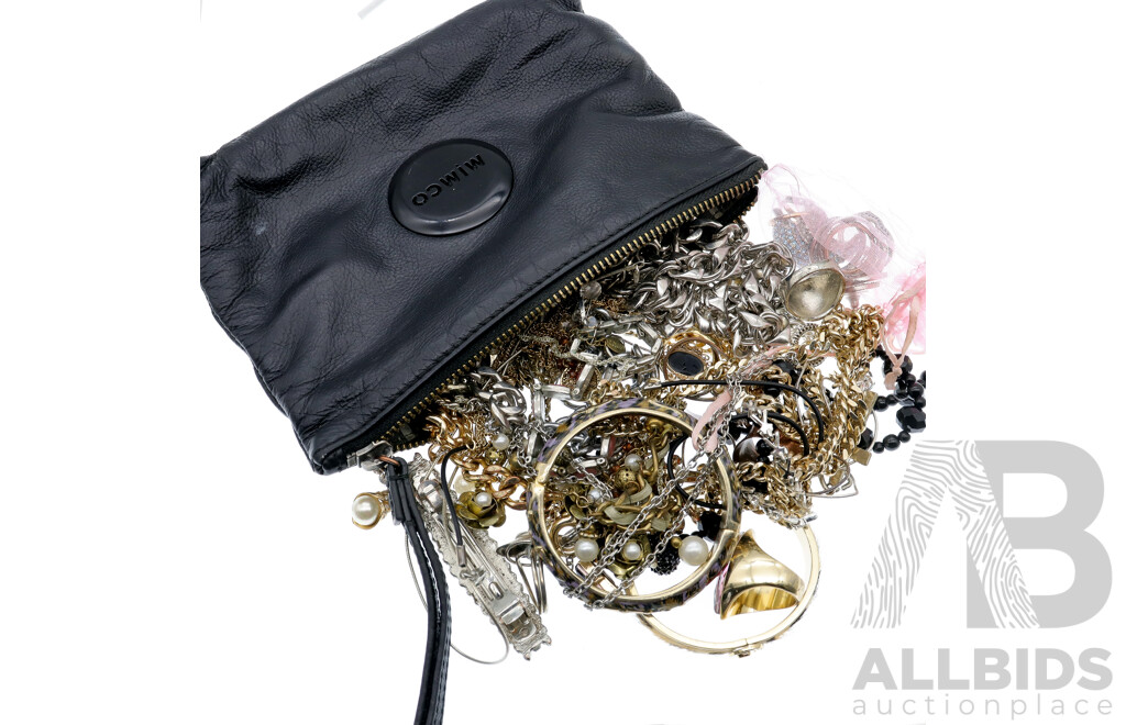 Mimco Black Leather Pouch with Wrist Strap Full of Costume Jewellery Items Including Mimco