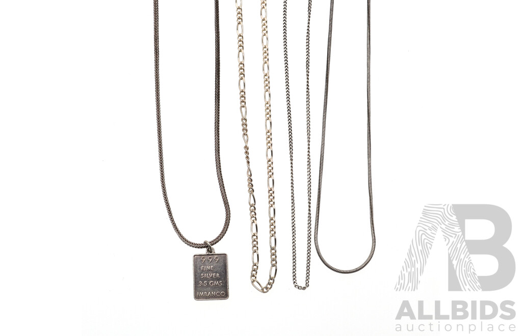 Sterling Silver .999 Fine Silver Ignot Pendant on Chain and (3) Other Sterling Silver Chains, 23.14 Grams