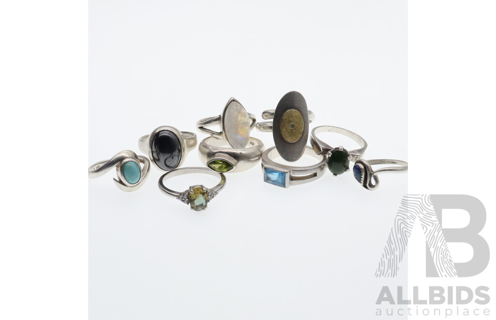 Collection of (9) Sterling Silver Gemstone Rings Including Diamond, Turquoise and Moonstone, 42.58 Grams