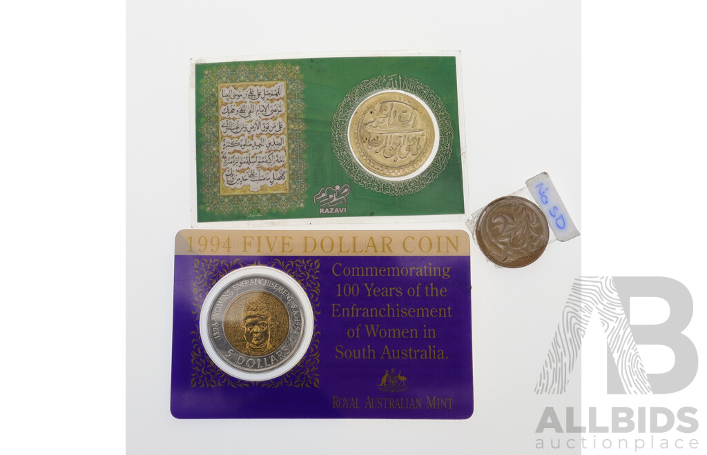 Australian 1967 2 Cent Coin with No SD, 1994 SA Commemorative $5 Coin & Imam Raza Brass Coin