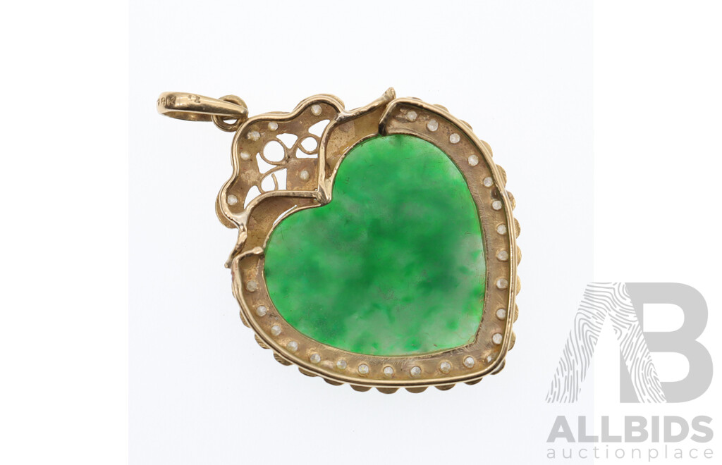 18ct Heart Shaped Pendant with Jade & White Topaz, 30mm, 5.39 Grams