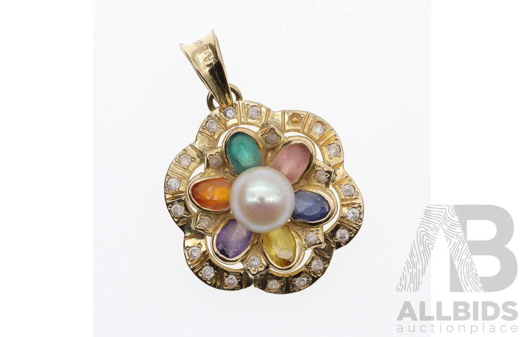 18ct Flower Pendant with Freshwater Button Pearl and Other Gemstones, 25mm Diameter, 6.34 Grams