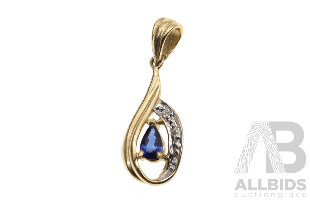 9ct Sapphire & Diamond Pendant, 25mm Long, 1.02 Grams