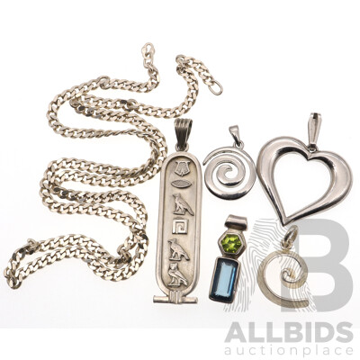 Collection of (5) Sterling Silver Pendants Including Egyptian Cartouche and Flat Curb Link Chain, 50cm Missing Clasp, 32.19 Grams