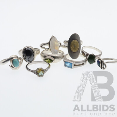 Collection of (9) Sterling Silver Gemstone Rings Including Diamond, Turquoise and Moonstone, 42.58 Grams