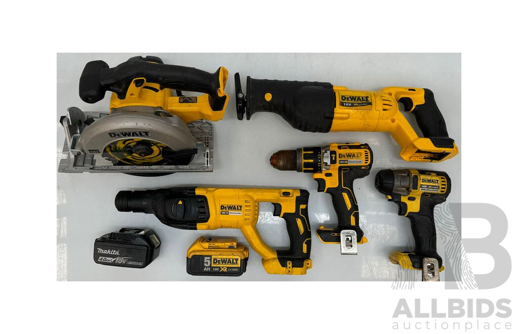 DeWALT Circular Saw,  Reciprocating Saw, Hammer Drill Driver, Impact Driver, Rotary Hammer, 18V Battery & Makita 18V Battery