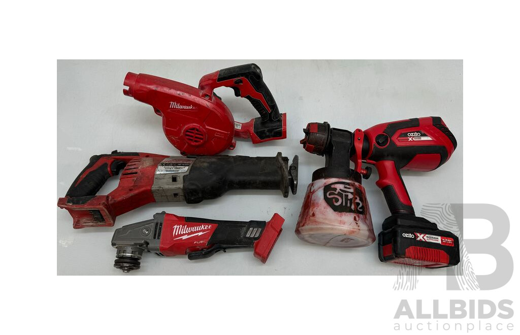 Ozito Paint Spray Gun, Milwaukee Reciprocating Saw, Milwaukee Blower, Milwaukee Angle Grinder