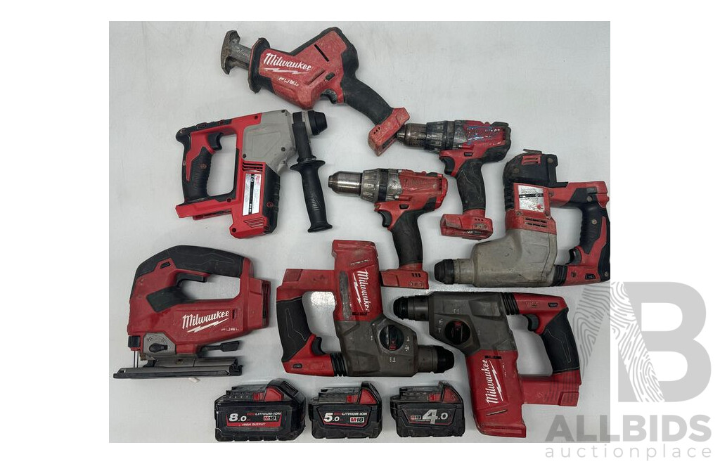 Milwaukee Percussion Drill, Hammer Drill/Driver, Reciprocating Saw, Jigsaw, 4x Rotary Hammer, & 3x Batteries