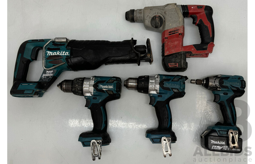 Makita Reciprocating Saw, Impact Driver, Hammer Driver Drill, 18V 6.0 Battery, & Milwaukee Rotary Hammer