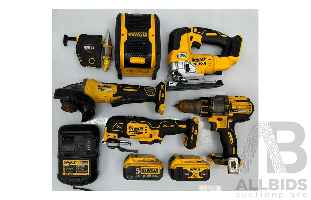 DeWalt Bluetooth Speaker,  Plumb-Rite Bob, Oscillating Multi-Tool, Angle Grinder, Jigsaw, Combi Drill & Xr Li-Ion Battery Charger