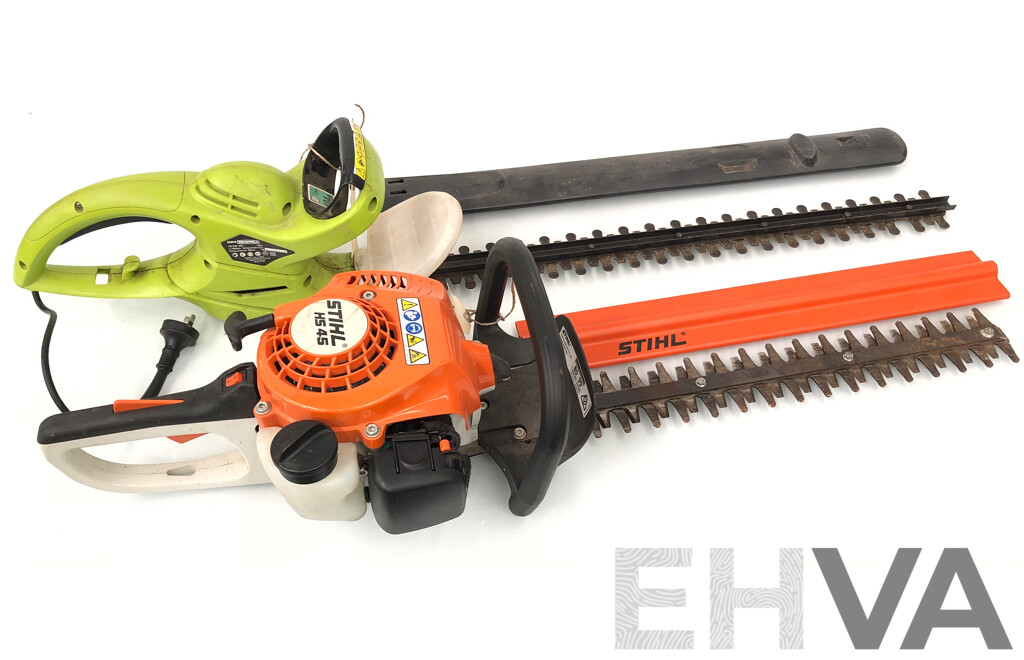 Stihl HS45 Petrol Powered Hedge Trimmer and Rockwell RG8070 Electric Hedge Trimmer