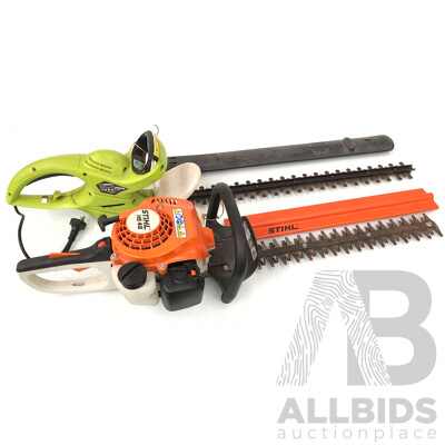 Stihl HS45 Petrol Powered Hedge Trimmer and Rockwell RG8070 Electric Hedge Trimmer