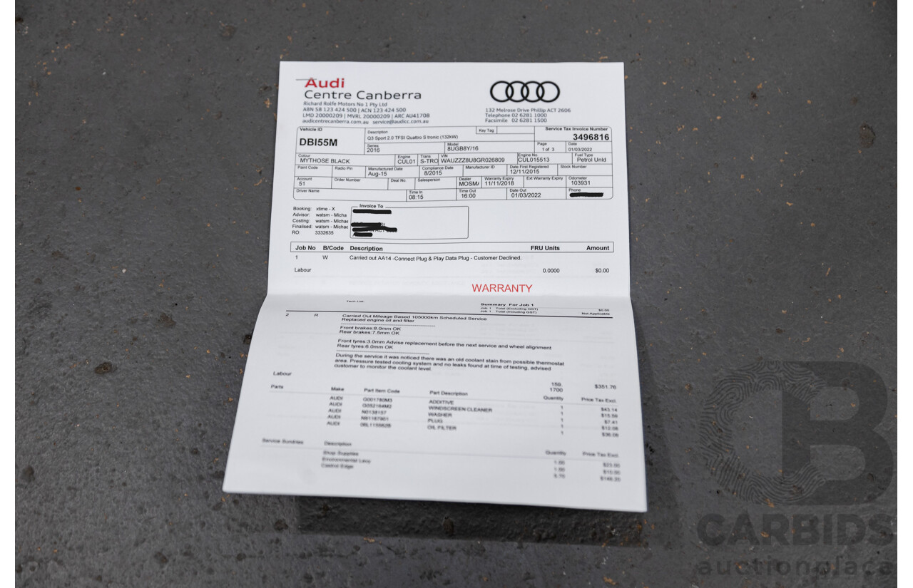 9/2015 Audi Q3 2.0 TFSI Sport Quattro (AWD) 8U MY16 4d Wagon Mythos Black Metallic Turbo 2.0L