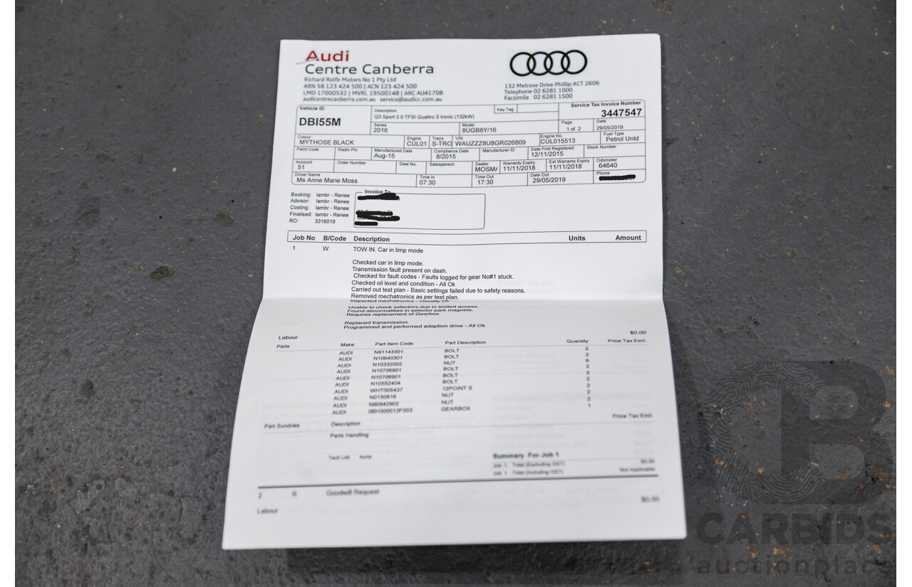 9/2015 Audi Q3 2.0 TFSI Sport Quattro (AWD) 8U MY16 4d Wagon Mythos Black Metallic Turbo 2.0L