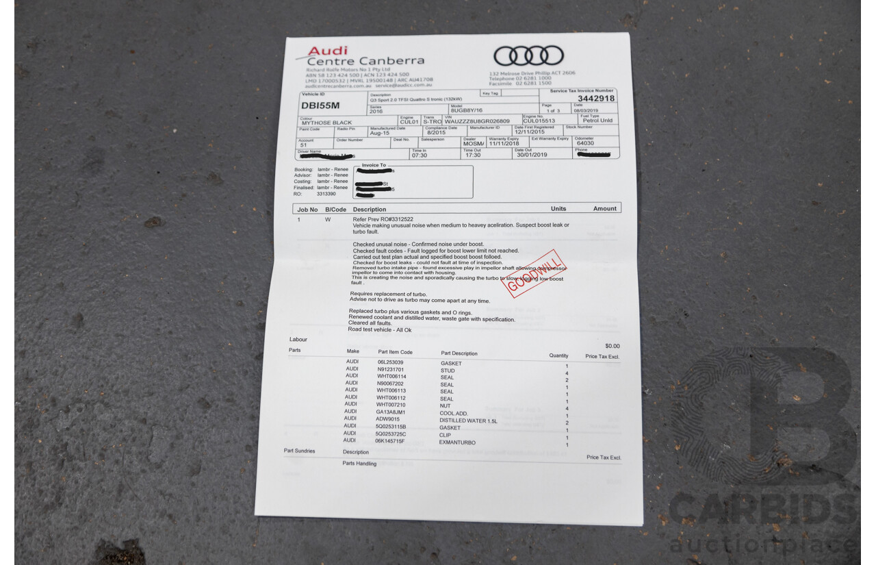 9/2015 Audi Q3 2.0 TFSI Sport Quattro (AWD) 8U MY16 4d Wagon Mythos Black Metallic Turbo 2.0L