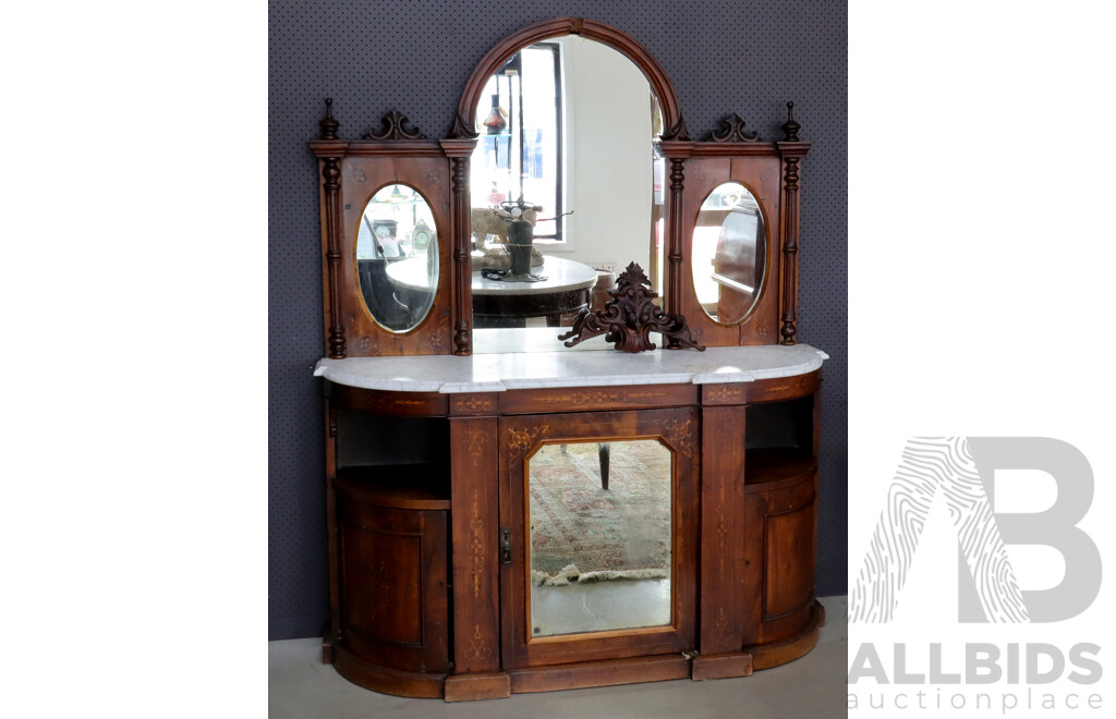 Victorian Flame Mahogany Mirrored Back Sideboard with White Marble Top