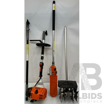 Stihl Petrol Kombiengine with Pick Tines, Extension Shaft and Hedge Trimmer Attachments