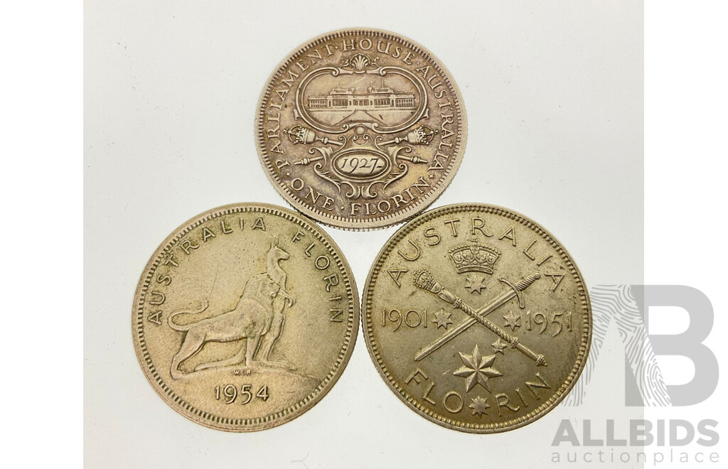 Australian Commemorative Silver Florins Including 1927 Parliament House, 1951 Federation and 1945 Royal Visit .925 and .500