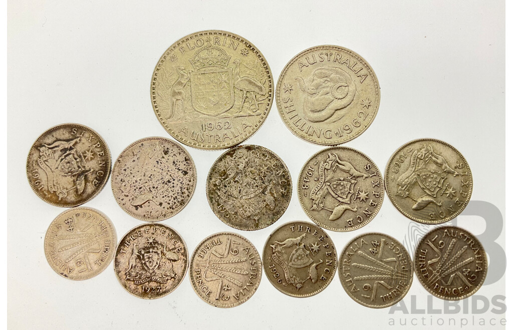 Australian Predecimal Silver Coins, Florin, Shilling, Sixpence, Threepence Including Denver and San Fransisco Mints .500 and .925