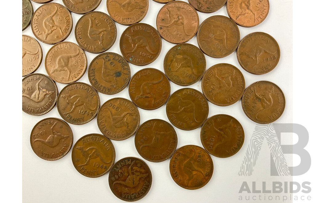 Collection of Australian KGVI and QE2 Pennies, Years Consecutive 1938-1945, 1947-1953, 1955-1964