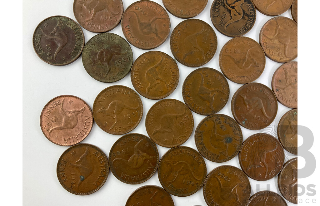 Collection of Australian KGVI and QE2 Pennies, Years Consecutive 1938-1945, 1947-1953, 1955-1964