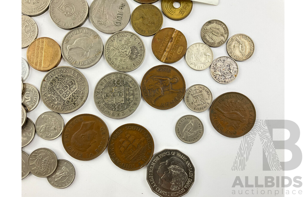 Collection of International Currency Including New Zealand 1933 Silver Half Crown, UK 1937 Silver Two Shilling, Australian and New Zealand Silver Sixpence, Hong Kong, New Zealand Solomon Island and More