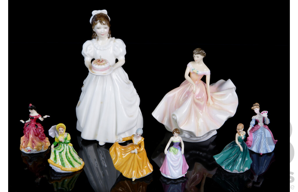 Collection Royal Doulton Porcelain Lady Figures Including Five Miniatures, Birthday Girl HN3423 & Limited Edition 1459 of 2500 the Polka Figure HN 5652