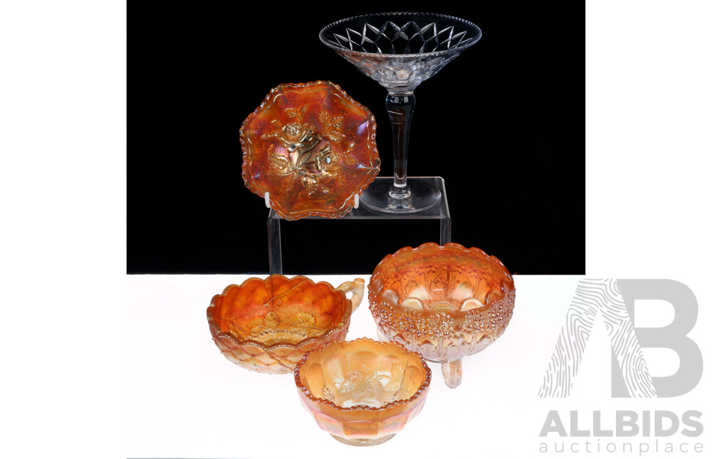 Collection Vintage Glassware Including Three Pieces Marigold Carnival Glass and Stuart Coupe