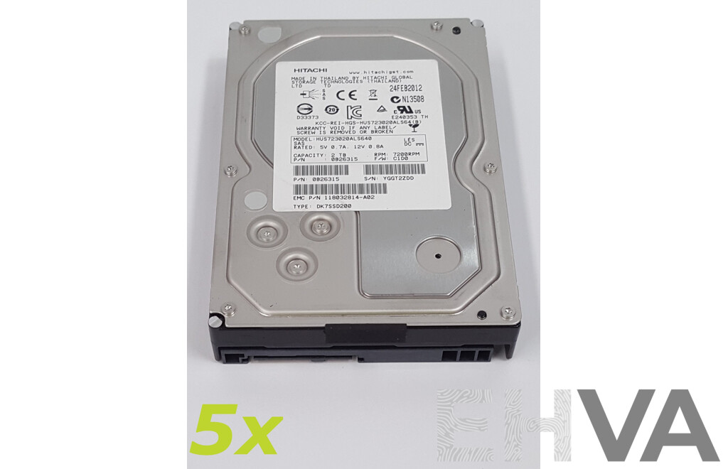 Hitachi 2TB 7.2K SAS 3.5-Inch Hard Drives - Lot of Five