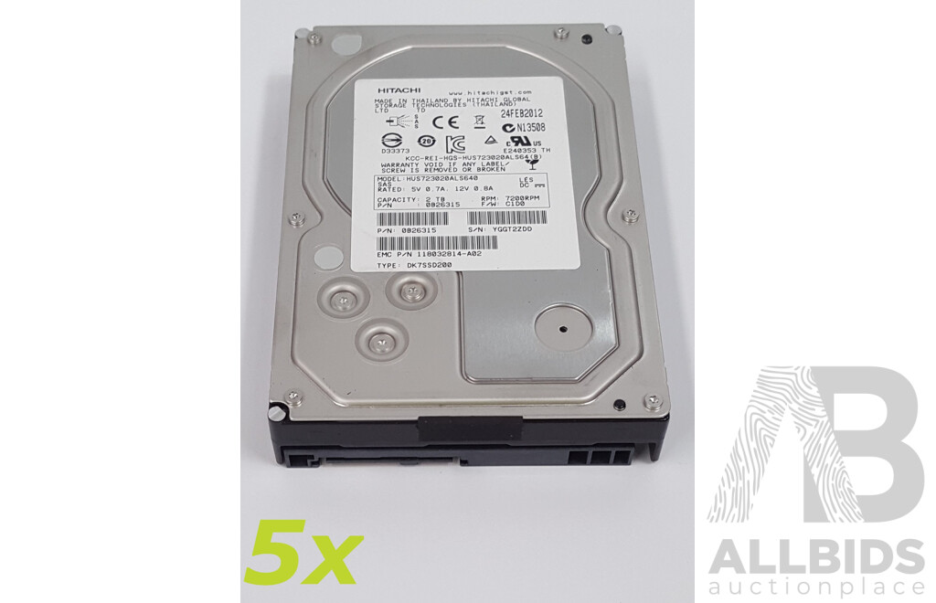 Hitachi 2TB 7.2K SAS 3.5-Inch Hard Drives - Lot of Five